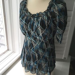 Empire waist Plaid Blouse with ruffled scoop neck